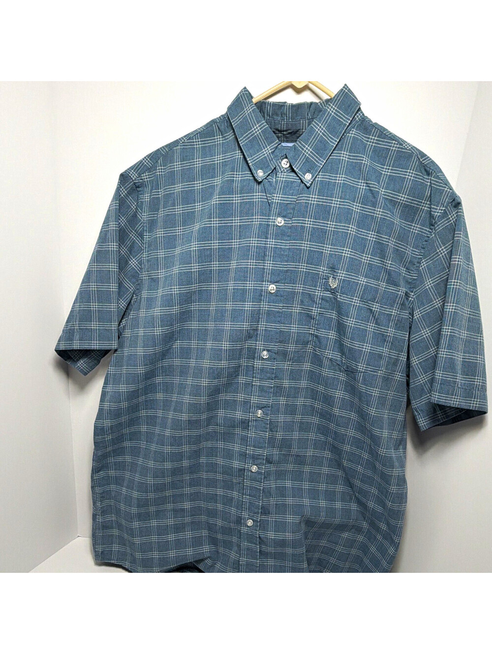 Chaps Men's XL Blue Plaid Short Sleeve Button-Down Button-Up Woven Cotton/Poly